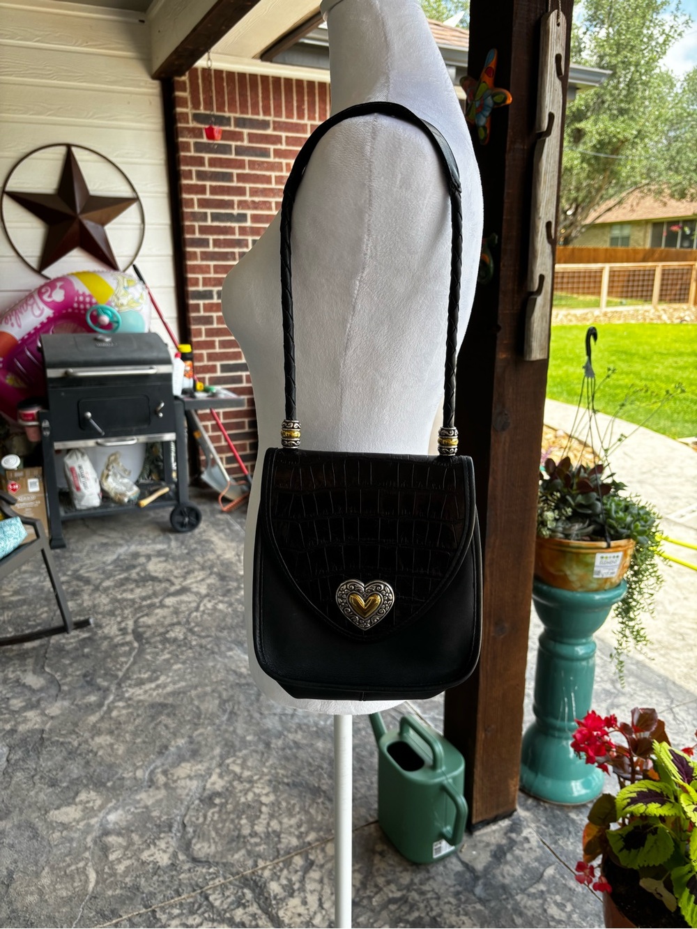Brighton Black Leather Croc Embossed Heart Shoulder Bag Purse w/ Dust Bag
